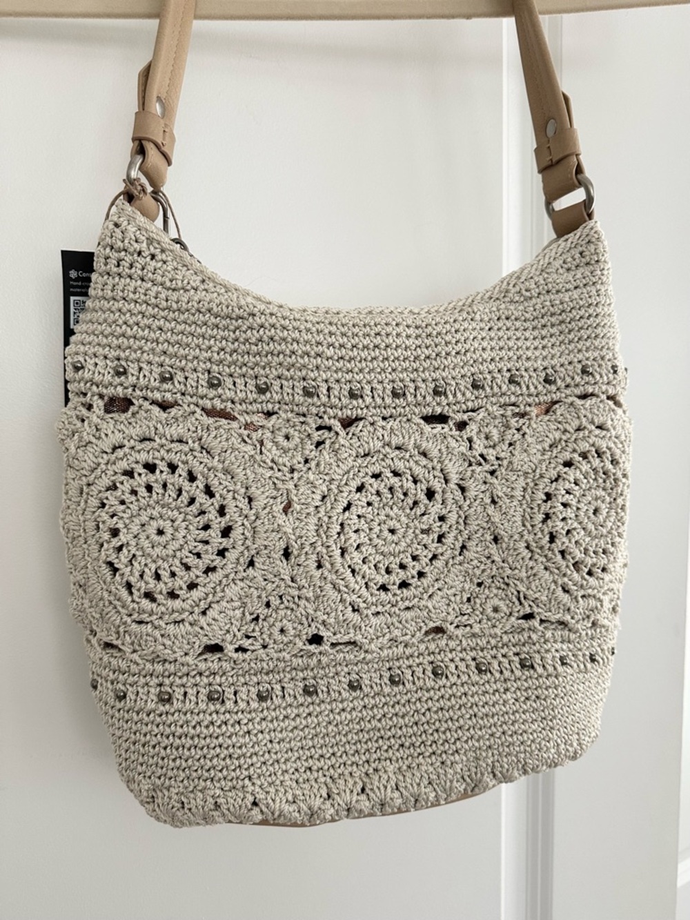 The Sak Sequoia Cream & Tan Crochet Leather Hobo Shoulder Bag with Bag Charm - Picture 12 of 17
